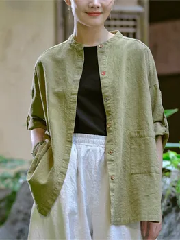 Mulheres de Algodão e de Linho, Camisa de 2023 Primavera-Verão da Nova Casual Simples Tops Senhoras Stand Botão Blusinha Solta