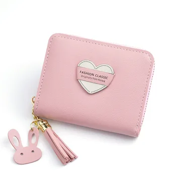 Pequena carteira de senhoras curto zíper de borla amor novo coreano de estudante, carteira pequena mini chave de bolsa da moeda