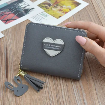 Pequena carteira de senhoras curto zíper de borla amor novo coreano de estudante, carteira pequena mini chave de bolsa da moeda
