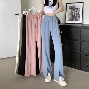 Mulheres De Fenda Grande Perna De Calças De Senhoras De Calças De Cintura Alta Calças Casuais De Moda De Todo O Jogo Terno De Calça Simples Coreano Elegante