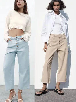 2023 Verão Novas Roupas femininas Moda Versátil e Casual Elegante Cintura Alta Bolso de Peito Grande Perna de calça Jeans