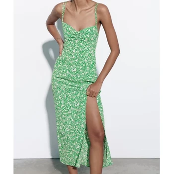 Das Mulheres Do Verão Verde Estampa Floral De Estilo Espartilho Funda Vestidos Longos Sexy Sem Mangas Frente Slit Praia Vestidos