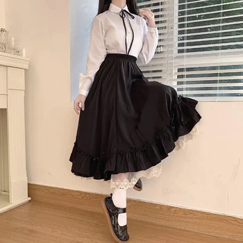 O Japonês Da Cor Sólida Lolita Saia Mulheres De Camada Dupla Francesa Vintage De Babados, Uma Saia De Linha Hepburn Saia Preta Feminino Saias Longas