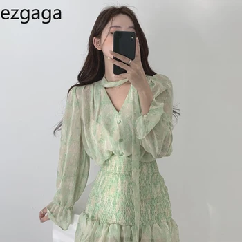 Ezgaga Mulheres Mini Vestido Bandage Bloom Impresso 2022 Primavera De Estilo Francês V Decote Ruched Senhoras Sexy Vestidos De Moda Coreano Chique
