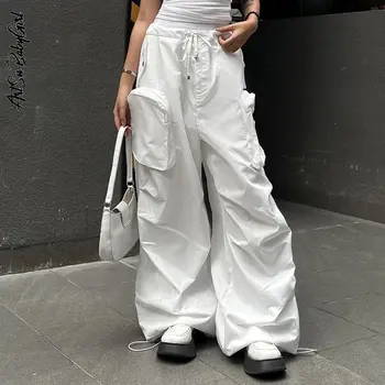 Cordão De Cintura Alta Calças Mulheres Calças Cargo Calça Branca Streetwear Y2k Reta Bolsos De Hip Hop De Perna Larga Calças Corredores