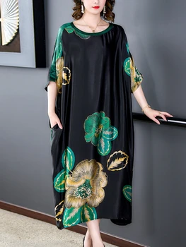 2023 A Coleção Primavera / Verão De Retalhos Coreano Moda O-Pescoço Solto Vestidos De Festa Floral Vintage Mulher Elegante Vestido Longo De Seda