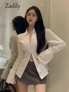 Zadily 2022 Outono de Manga Longa Camisa Branca Mulheres estilo coreano Slim Zíper Senhoras Blusa Túnica Sexy Moda Vestuário Feminino Tops