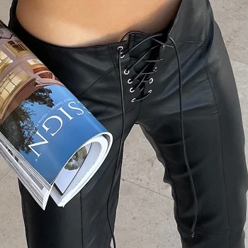 TARUXY Cintura Baixa Empate PU Calças para Mulheres Office Bodycon Fenda Calças Retas Calça Senhoras Streetwear Preto Casual Slim Fit Mulher