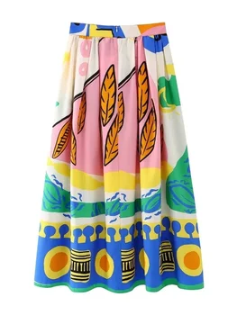 Y2k Tops coreano Roupas das Mulheres do Vintage Patch de Trabalho Totem Impressão de Flor Grande Balanço Casual, Saia Midi Faldas Impecável Vestido das Mulheres