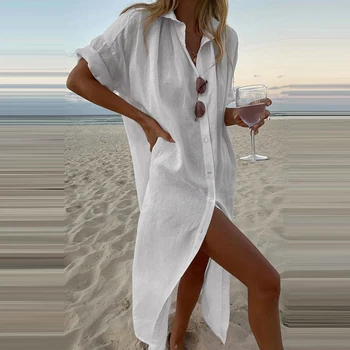 Vestido longo para as Mulheres 2023 Verão Cor Pura Casual Manga Curta de Algodão Camisa de Linho Vestido de Praia de Vestuário Feminino Y2K Vestido Manto