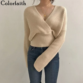 Colorfaith Novo 2019 Outono Inverno Mulheres Blusas de Tricô de gola V Cruz Selvagem Moda Sexy 