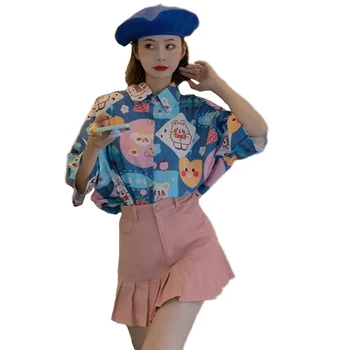 Japonês Mori Girl Estilo Kawaii Coelho Impresso Tops Lolita Doce Cor-De-Rosa Vintage Blusas Coreano Faculdade Bonito Solto Camisas De Chiffon