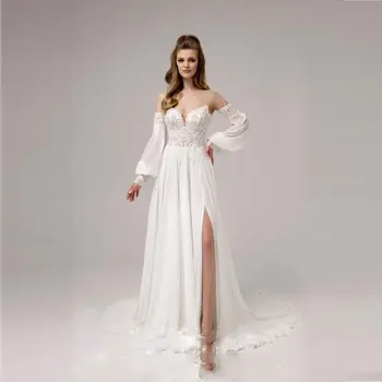 A Elegante Linha Vestido De Casamento Apliques De Renda Fora Do Ombro Praia Vestidos De Noiva 2021 Vintage Chiffon Sem Encosto Vestidos De Noiva