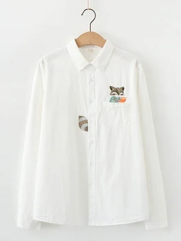 Jmprs Elegante Esquilo Bordado Mulheres Camisas de Mauricinho Estilo de Manga Longa Branca coreana Basic Camisa do aluno primavera tops senhoras