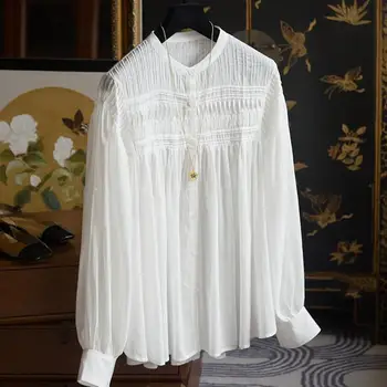 Multa de Ombro Dobra-plissado de Manga Longa Camisa Branca de Mulheres Camisas De Mulher