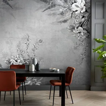 HAN& CHENG Personalizar o papel de Parede Cinza Branco Folhas de Plantas de Flores de Design Moderno, papel de Parede Floral Murais de Parede Papel de Parede