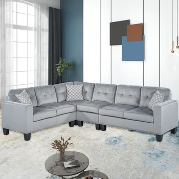 Sofá modular com 3 Travesseiros, Estofados Coner Sofá com um Moderno e Elegante de Veludo para a Sala de estar do Apartamento de Cinza