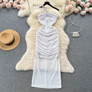 Verão Longo Vestido Branco para as Mulheres Slim Barra Pescoço Curativo Plissada Midi Fêmea Festa de Noite Vestidos Formais Tarf Fina de Novo No