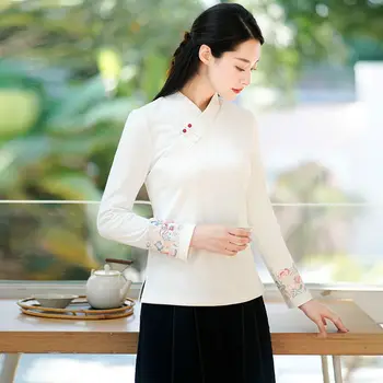 Estilo chinês top de manga longa subpêlo blusa retro hanfu tops elegante oriental tang terno vintage chá de arte chinesa blusa a754