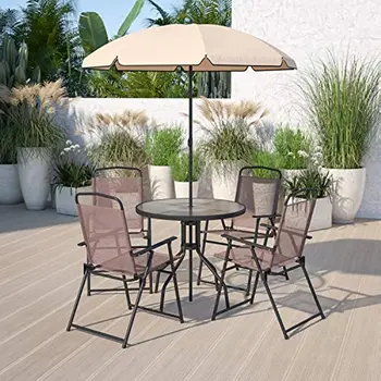 Flash Móveis de Nantucket 6 Peça Marrom Pátio com Jardim Conjunto com o Guarda-chuva de Tabela e Conjunto de 4 Cadeiras Dobráveis