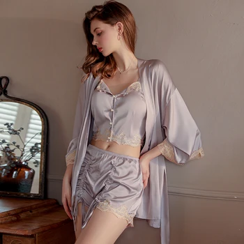 MECHCITIZ Mulheres Pijamas em Casa Roupas de Verão Vestes Sexy de Pijama Correia Tops e Shorts Com o Manto de roupa interior Pijamas de Cetim