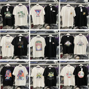 23SS Novo Hip-Hop Personalidade Impresso T-Shirt masculina 1:1 Verão de grandes dimensões Casablanca Manga Curta T-Shirt Goth