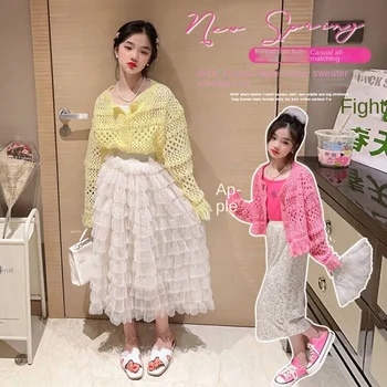 Cardigan suéter de meninas 2023 primavera, outono nova-coreano estrangeiros estilo 4-15 top kids camisola de crianças de borla casaco de malha roupas