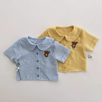 HoneyCherry de Verão Cartoon Bordado em torno do Pescoço, Camisa de manga Curta, com gola de Camisa Xadrez Blusa para Crianças