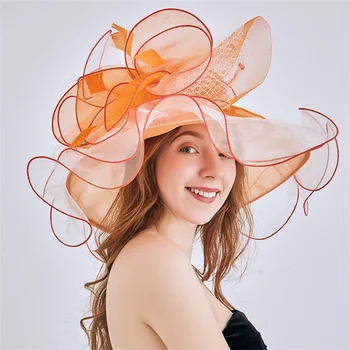 Grande Flor de Organza de Sol, Chapéu de Aba Larga Kentucky Derby Chapéu com Véu, Elegante Kentucky Derby, Chapéus para Senhoras
