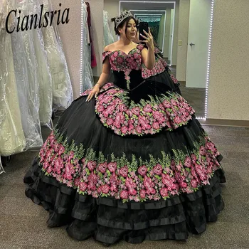 Preto Vestido Quinceanera Apliques de Laço de Flores em 3D Arco Espartilho Vestidos De Quinceañera Vestido de baile