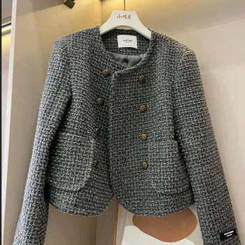 Cinza Preto Tweed Moda Coreia Versão Curta Mulheres Jaqueta Único Breasted Feminino Tops Coat