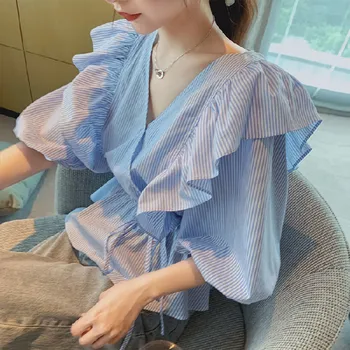 UHYTGF Luz Azul Listrado Camisas Para as Mulheres Roupas de Verão Nova-coreano de Manga Curta com Babados Borda V-Neck Lace-Up de Estudantes do sexo Feminino Topo