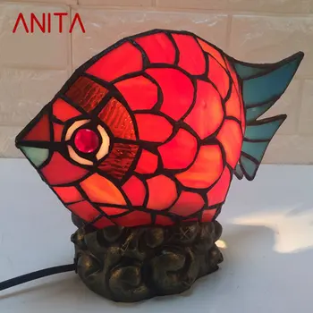 ANITA Tiffany Mesa de Vidro da Lâmpada LED Criativo Vermelho de Novidade Peixe Pequeno, a Luz da Mesa Para Estudo em Casa Quarto-de-Cabeceira Decoração