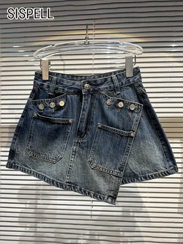 SISPELL Assimétrico Shorts Jeans Saias Para as Mulheres de Cintura Alta Patchwork Botões de Uma Linha Sólida Magro Calças Femininas de Verão 2023