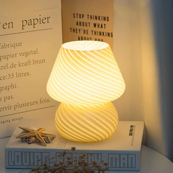 O coreano Vidro LED Lâmpada de Mesa Estilo Moderno Listrado de Cogumelo, Lâmpada da Tabela do Quarto-de-Cabeceira de Decoração de Casa de Bonito Aprender A Ler Luzes
