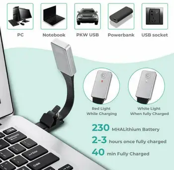 Portátil do DIODO emissor de Livro de Leitura Leve, Com Destacável Clipe Flexível USB Recarregável Lâmpada Para os Leitores Dobrável Regulável Clipe de Luz Nova