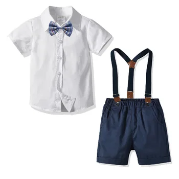 Verão, as Crianças de Bebê Menino de Terno Formal com Camisa de Manga Curta+Suspensório Shorts Roupas Casuais Roupa de Cavalheiro Menino Ternos para Casamento