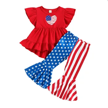 Meninas, o Dia da Independência de Férias T-shirt Terno de Crianças de 1 a 6 Anos de Idade Voando Top de Manga + Flare Pants Dois-Conjunto de peças de Roupas de Menina