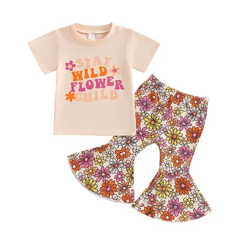 FOCUSNORM 2pcs da Criança Roupas de Meninas Conjunto de Carta de Manga Curta T-Shirts com estampa Floral Flare Pants 0-4Y Roupas de Verão