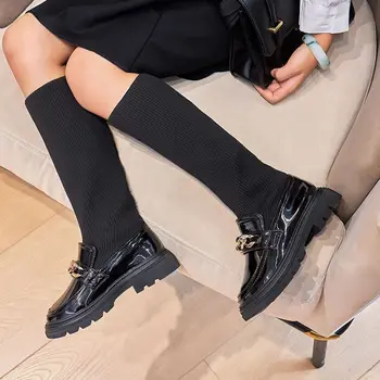 Meninas Botas de Inverno Over-the-knee Boot Para Meninas Com Corrente de Metal de Meia Botas de Moda infantil Sólido Brilhante Chique Meninas Sapatos Casuais