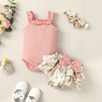 Criança de Verão de Bebê, Roupas de Meninas Conjuntos de Pink Slip Top + PP Shorts com estampa floral Terno Infantil Roupas da Moda Roupa
