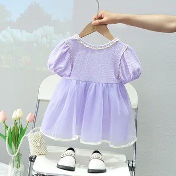 Meninas, Vestido de Verão 2023 Nova moda infantil para Crianças de Bolha Manga do Vestido de Saia Crianças do Primeiro Ano do Bebê Vestido de Fios