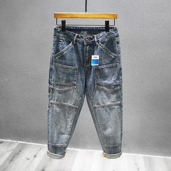 American Vintage Carga de Costura Jeans masculina Slim Elástico Moda Lavado em Ruínas Y2k Calças Masculinas de Streetwear, Denim, Calças de