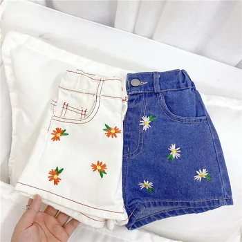 Nova Chegada de Verão Meninas de Flor de calças Jeans com Elástico Curto Criança Botões Shorts Bebê Quente Calças Calças 