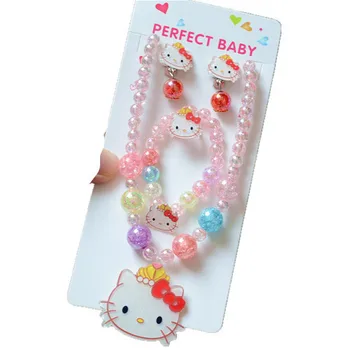 Sanrio Hello Kitty 2021 crianças novas pulseira colar anel brinco clip conjunto de desenhos animados para crianças, presente de aniversário