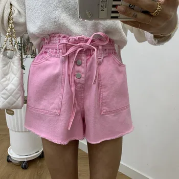 Coreia do sul Dongdaemun chique vitalidade de pêssego, cor-de-rosa retrô fivela de ajuste de cintura alta perna reta jeans casual carga shorts