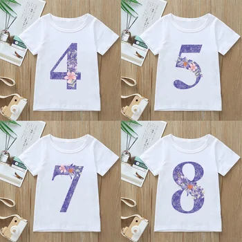 Idade entre 2 e 8 de Aniversário de Meninas Camiseta de Flores Bonito Gráfico de Impressão de T-shirt de Roupas infantis Tees de Moda Kawaii Roupas Tops