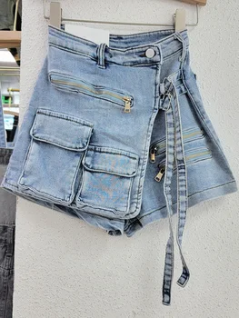 Streetwear Multi-Bolsos Jean Shorts Mulheres De Verão 2023 Coreano Designer De Moda Assimétrico Cintura Alta Jeans Carga Shorts Saias