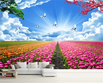 Papel de parede personalizado moda moderna belas paisagens tulip céu azul e as nuvens brancas, sala de estar com TELEVISÃO, sofá de fundo mural