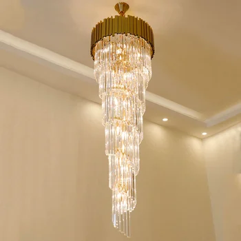 Led Lâmpadas pendentes Escadaria longa Lustre moderno, simples Luz da villa de luxo duplex sala de cristal Grande